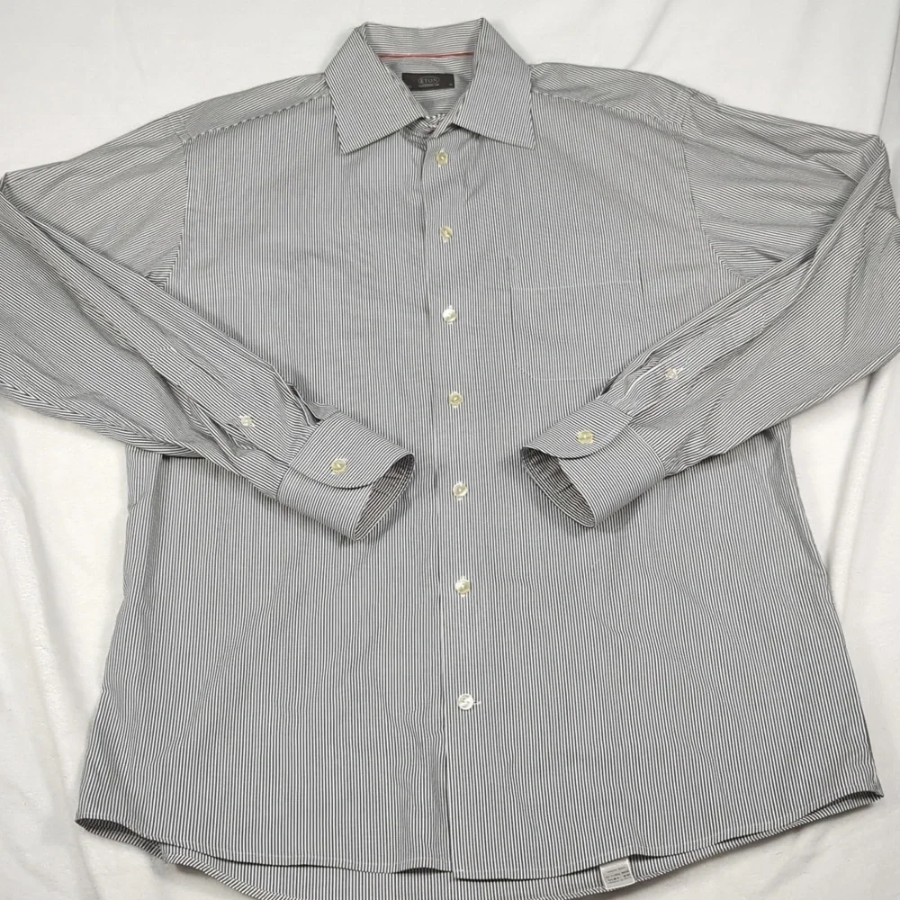 Eton Striped Long‎ Sleeve Button-up Gray & White Mens Size 16.5 XL